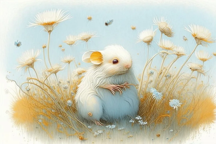 Artist Jean-Baptiste Monge style. A pale orange white little Puschelwuschelkuschel creature on a meadow with pale blue filigree tendrils flowers.