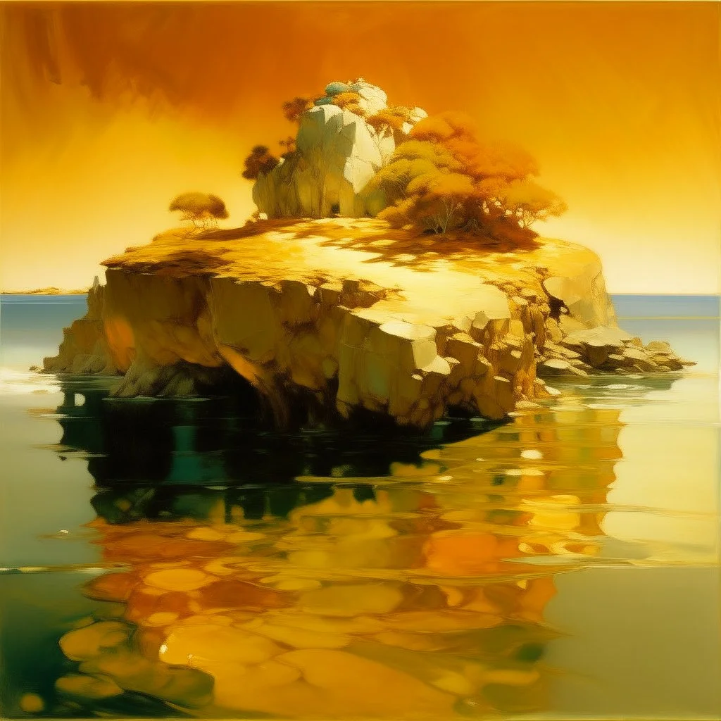 A yellowish orange colored island with crystals painted by John Singer Sargent