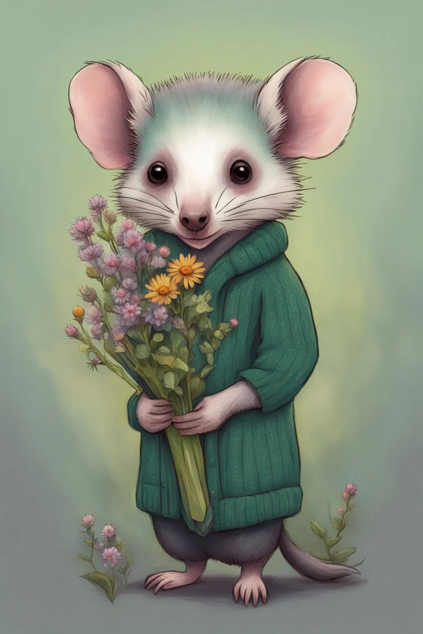 Green opossum wearing cardigan holding a bouquet of wildflowers cute art