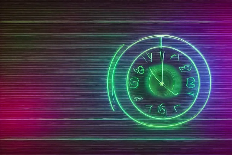 black background, outlines of a holographic clock and a picture in border drawn from thin neon-coloured glowing lines