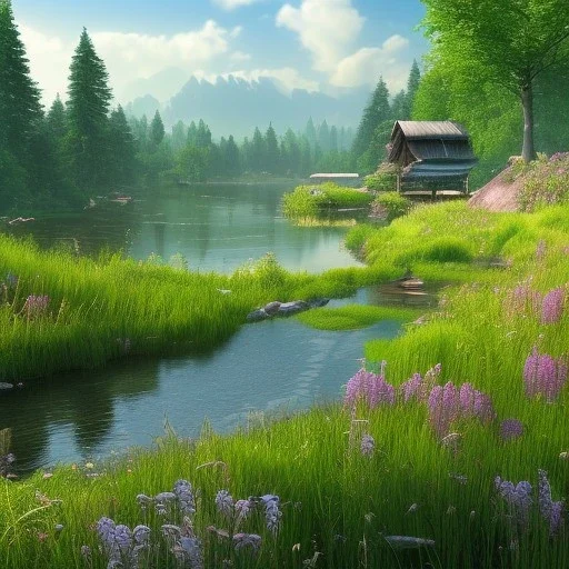 landscape 8k ultra realistic, beautiful, grass meadow with river, in a pastel style, beaver