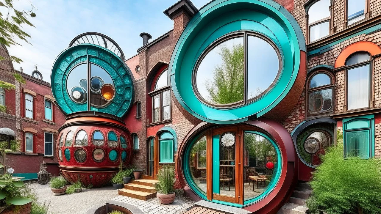 Set in a whimsical world inspired by steampunk and fantasy, the street is a blend of old and new with houses of postmodern design showcasing a mix of industrial and natural finishes. Curious individuals peer through the strange circular and spherical windows, their colorful outfits adding a vibrant contrast to the surroundings