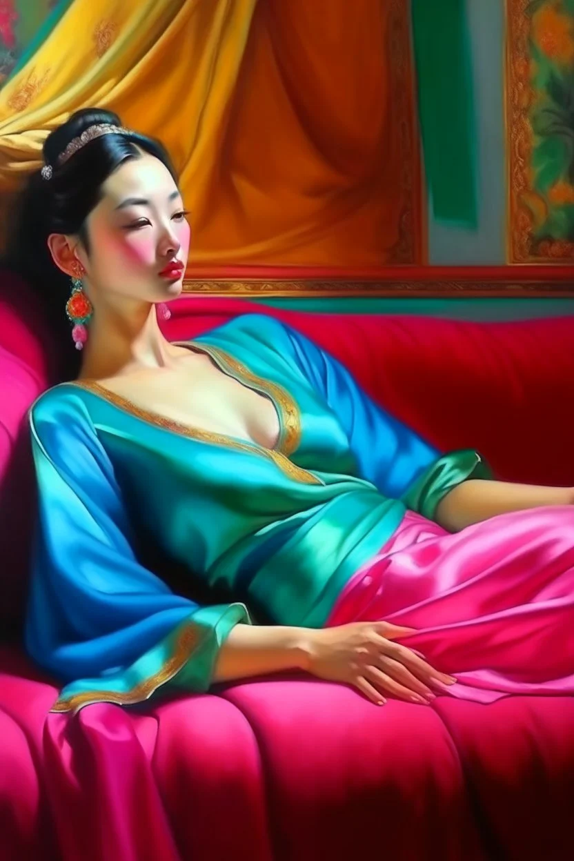 oriental woman lying on a pillow painting neoclassism bright colors zoom out realistic whole body