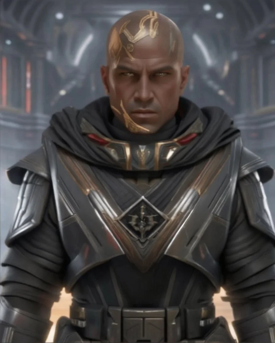 star wars bald male corellian jedi wearing gunmetal grey and black old republic armored flightsuit with gold and metallic red trim inside the jedi temple, centered head and shoulders portrait, hyperdetailed, dynamic lighting, hyperdetailed background, 8k resolution, volumetric lighting, light skin, fully symmetric details