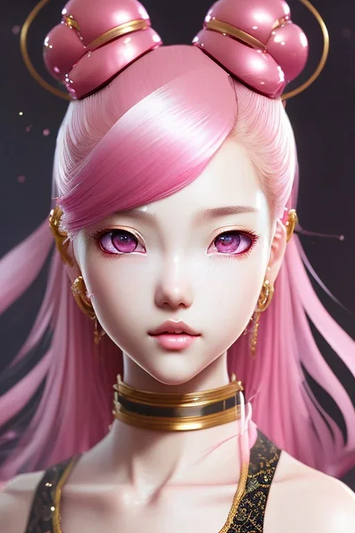 Detailed cute anime Kunoichi girl, pink hair buns, pink bangs, black latex bodysuit, intricate details, full body portrait, keep head in frame, slight smile, black Japanese motif, concept art, highly detailed, digital painting, concept art, sharp focus, illustration, art by Yoji Shinkawa, WLOP and greg rutkowski and alphonse mucha and artgerm and yanjun Chen and Junji ito and Makoto Shinkai, HDR, octane render