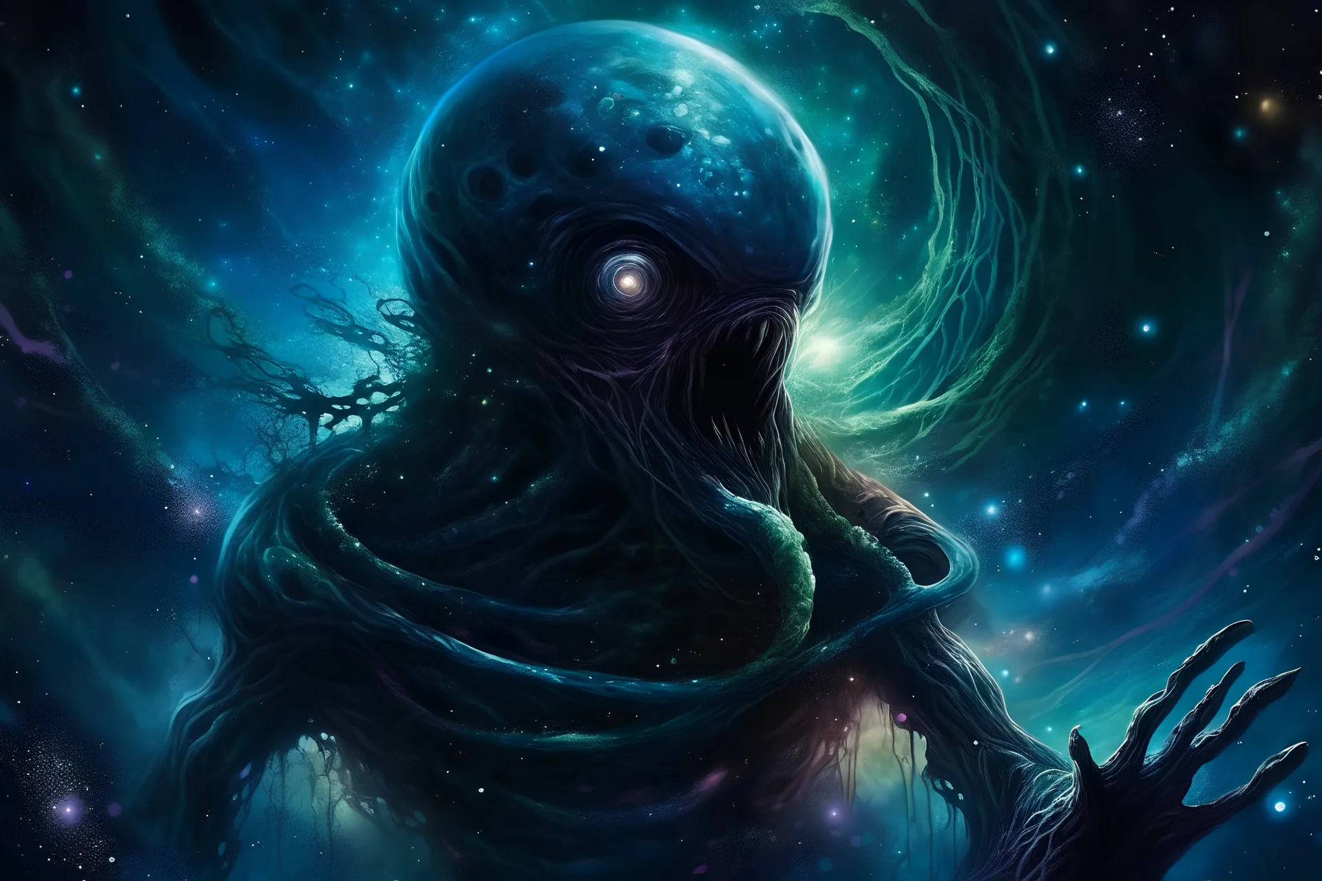 cosmic horror, nightmare, galaxy interwoven with dread, truth, alien underwater