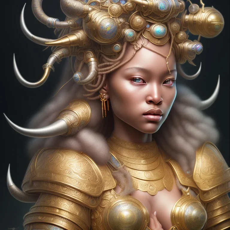 Sango fantasy, fantasy magic, intricate, sharp focus, illustration, highly detailed, digital painting, concept art, matte, art germ and Paul Lewin and Kehinde Wiley, masterpiece silver elephant head bronze Buddha Asian African girl nice breast Hawaiian hair turquoise golden waves