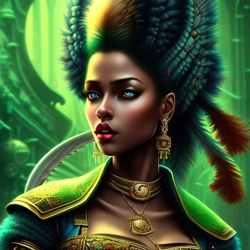 fantaisy setting, medieval fantasy, insanely detailed, woman, indian, dark skinned, green hair strand
