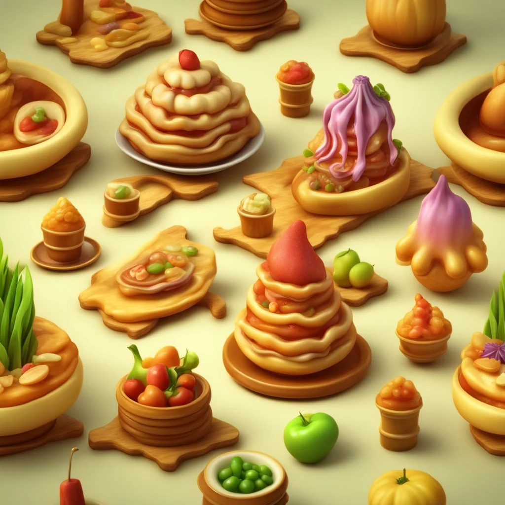 fantasy food empire. illustration 3d style. HD. glowing