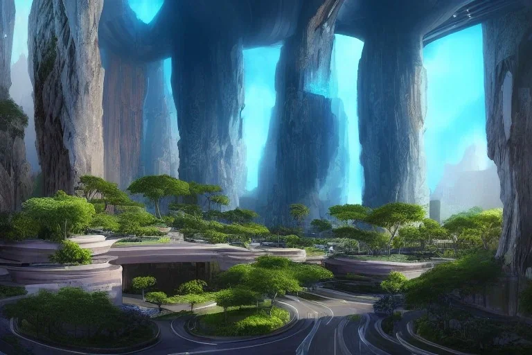 futuristic cyberpunk city, advance civilization, luxurious streets, with lush italian sakura garden located on waimea canyon in kauai, rocks formed by water erosion, beautiful smooth sandstone in unique shapes with light beams that shine through its walls, polish narrow slots of walls into a striated swirling finish, digital painting, concept art, smooth, sharp focus, from star trek 2021, illustration, by wlop and ruan jia and mandy jurgens and william-adolphe bouguereau, artgerm