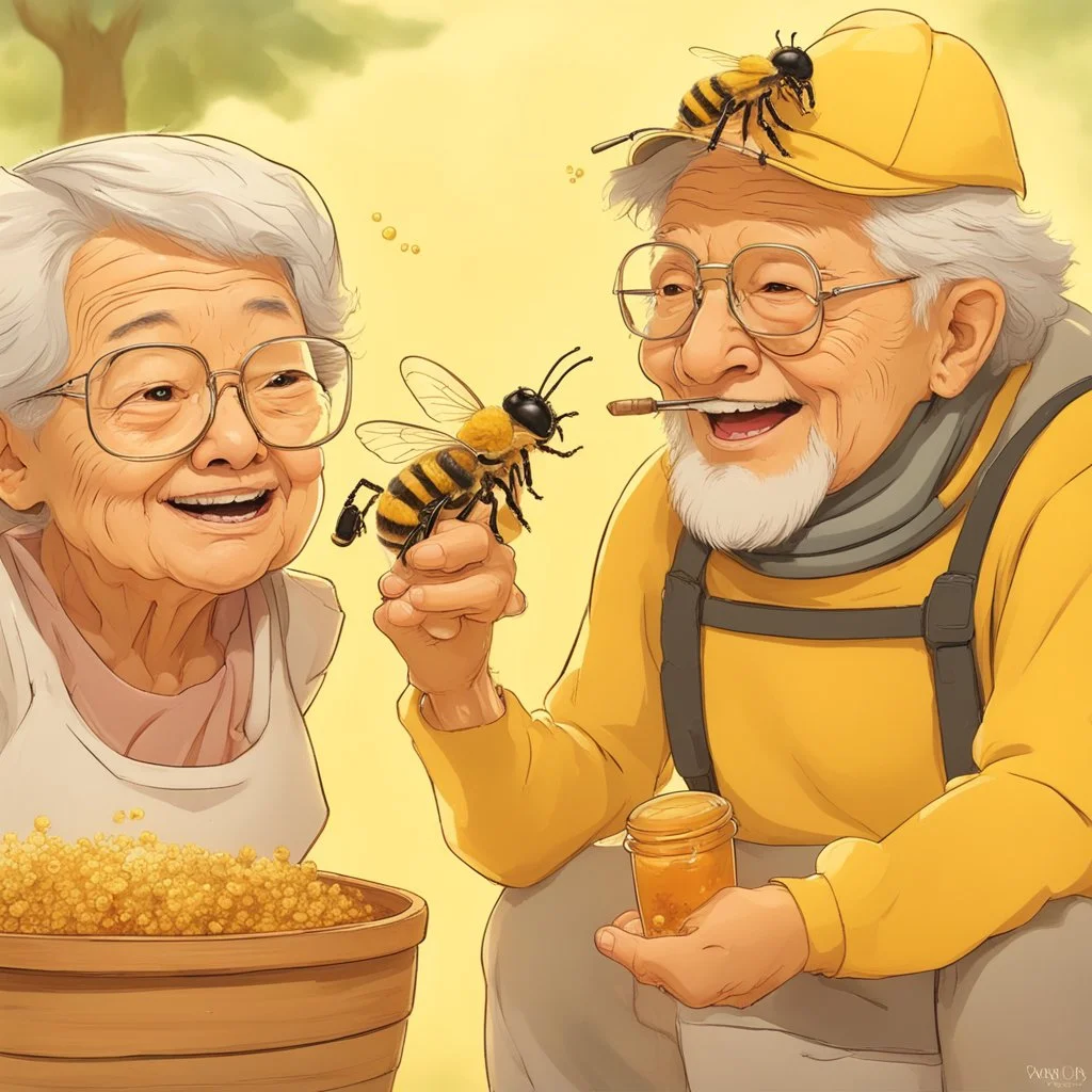 Grandpa and grandma enjoy eating in a planet of honey stingless bee, realistic