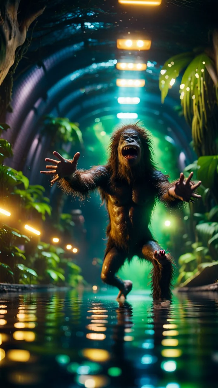 selfie by pimp rocker alien bigfoot gremlin diving in water slide in the middle of crazy dance moves dancing in dark lit reflective wet jungle hall tunnel,bokeh like f/0.8, tilt-shift lens 8k, high detail, smooth render, down-light, unreal engine, prize winning