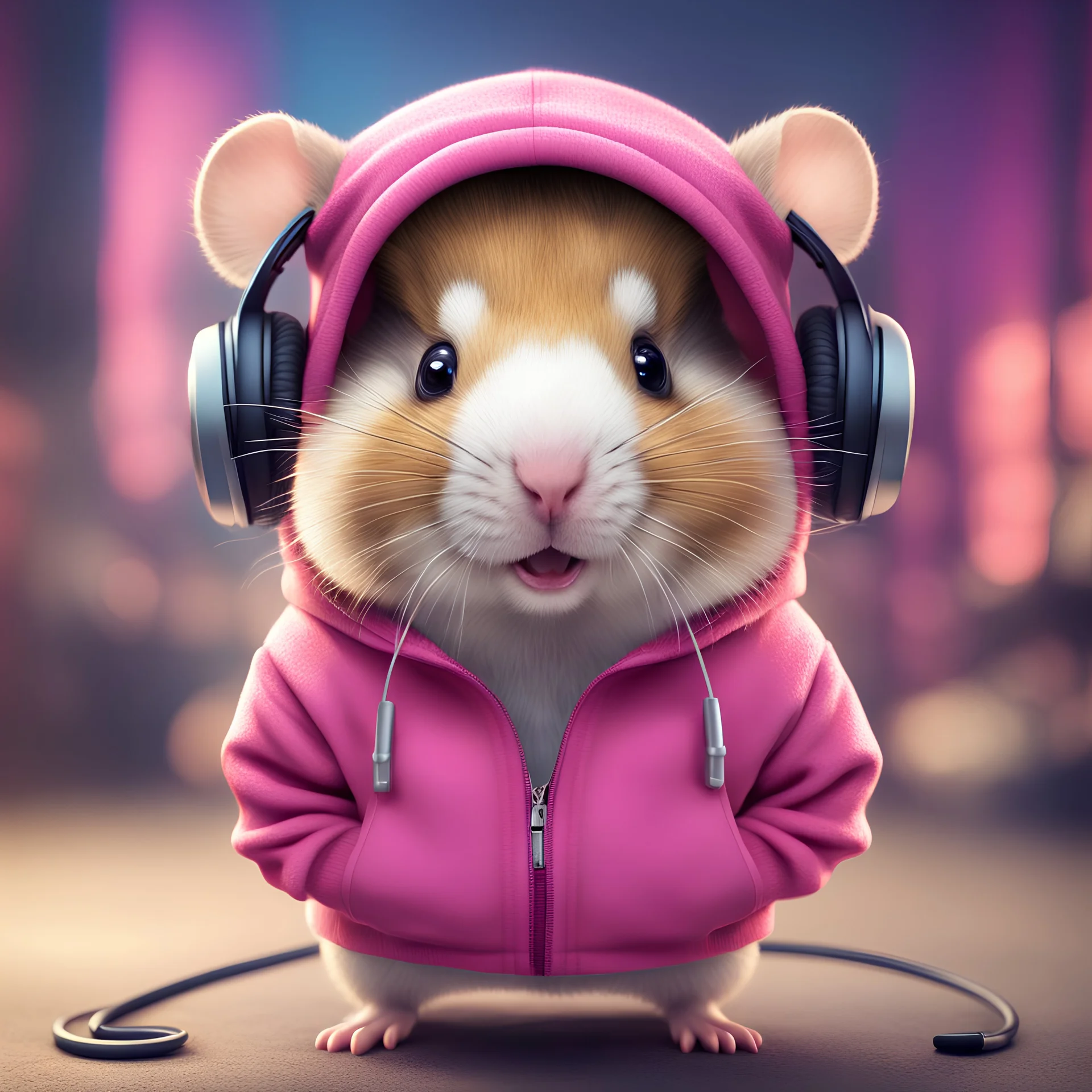 One Cute adorable round anthropomorphic hamster wearing a pink hoodie and headphones, emo, breathtaking fantasy core artwork, intricate photography, a masterpiece, cgsociety, Hyperrealistic, concept art, mid shot, intricately detailed, color depth, dramatic, colorful background, intricate details, HDR, beautifully shot, sharp focus, 64 megapixels, perfect composition, complex contrast, cinematic, atmospheric, moody