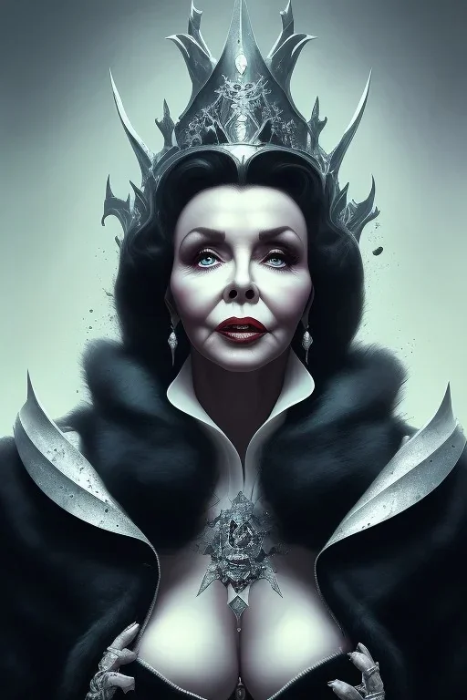 Joan Collins as evil queen in black leather, leather, busty, cleavage, angry, stern look. character design by cory loftis, fenghua zhong, ryohei hase, ismail inceoglu and ruan jia. unreal engine 5, artistic lighting, highly detailed, photorealistic, fantasy