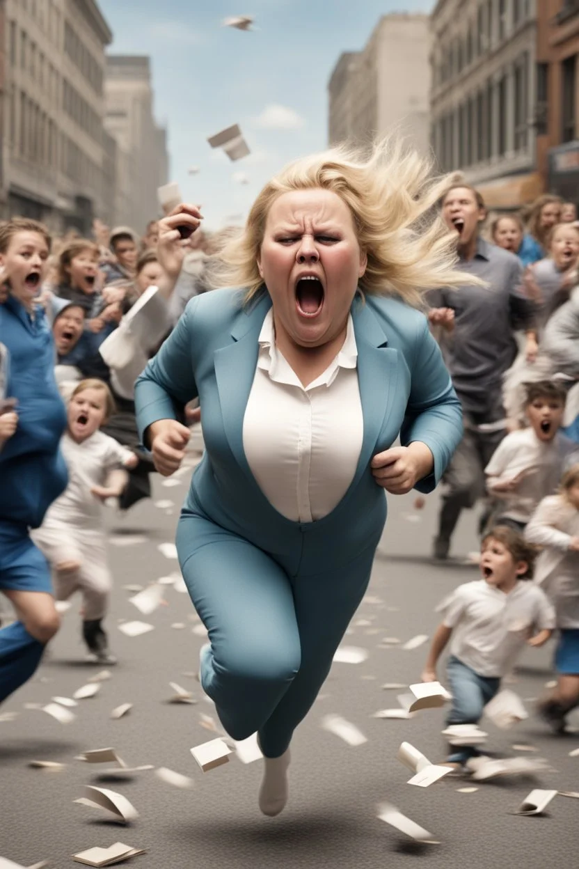 an obese terrified blonde woman crying and sobbing in a pant suit desperately running away from an angry mob of thousands of kids chase her down a city street throwing books at her