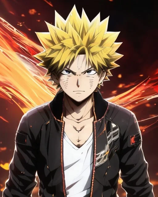 Detailed anime portrait of bakugo from my hero academia, gold hair and golden eyes, black suit, intricate details, full body portrait, keep head in frame, slight smile, black Japanese motif, concept art, highly detailed, digital painting, concept art, sharp focus, illustration, art by Yoji Shinkawa, WLOP and greg rutkowski and alphonse mucha and artgerm and yanjun Chen and Junji ito and Makoto Shinkai, HDR, octane render