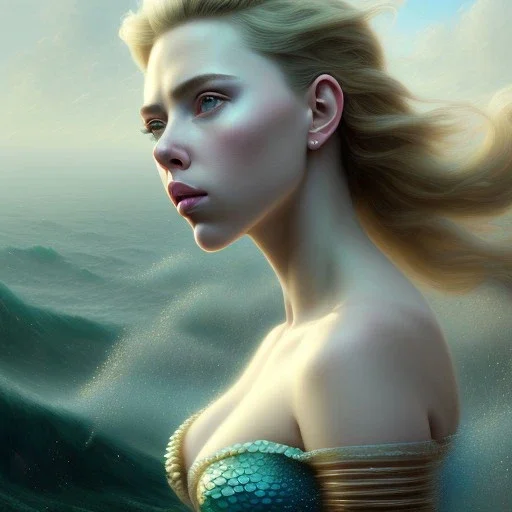 A beautiful portrait of a fusion of Scarlett Johansson and Elle fanning as a mermaid , leaning on a ships deck ,Rough sea in the background, (digitall art by Eugene de Blaas and Ross Tran, vibrant color scheme, highly detailed, in the style of romanticism, cinematic, artstation best quality, realistic lighting, masterpiece portrait, details light dusting , cowboy shot from above, simple chain hauberk Vector art digital illustration 3D shading )