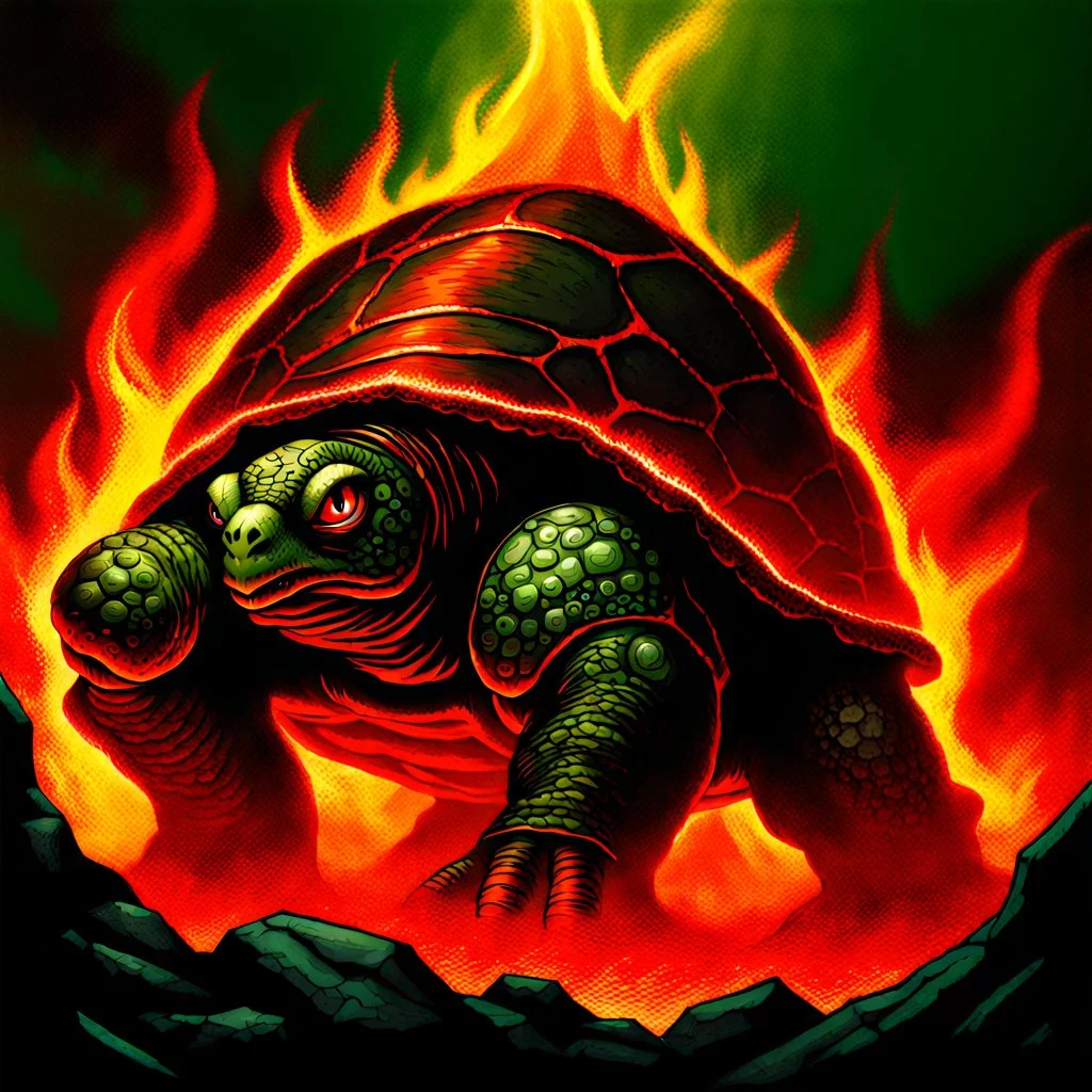 90's fantasy tcg art of a molten lava turtle