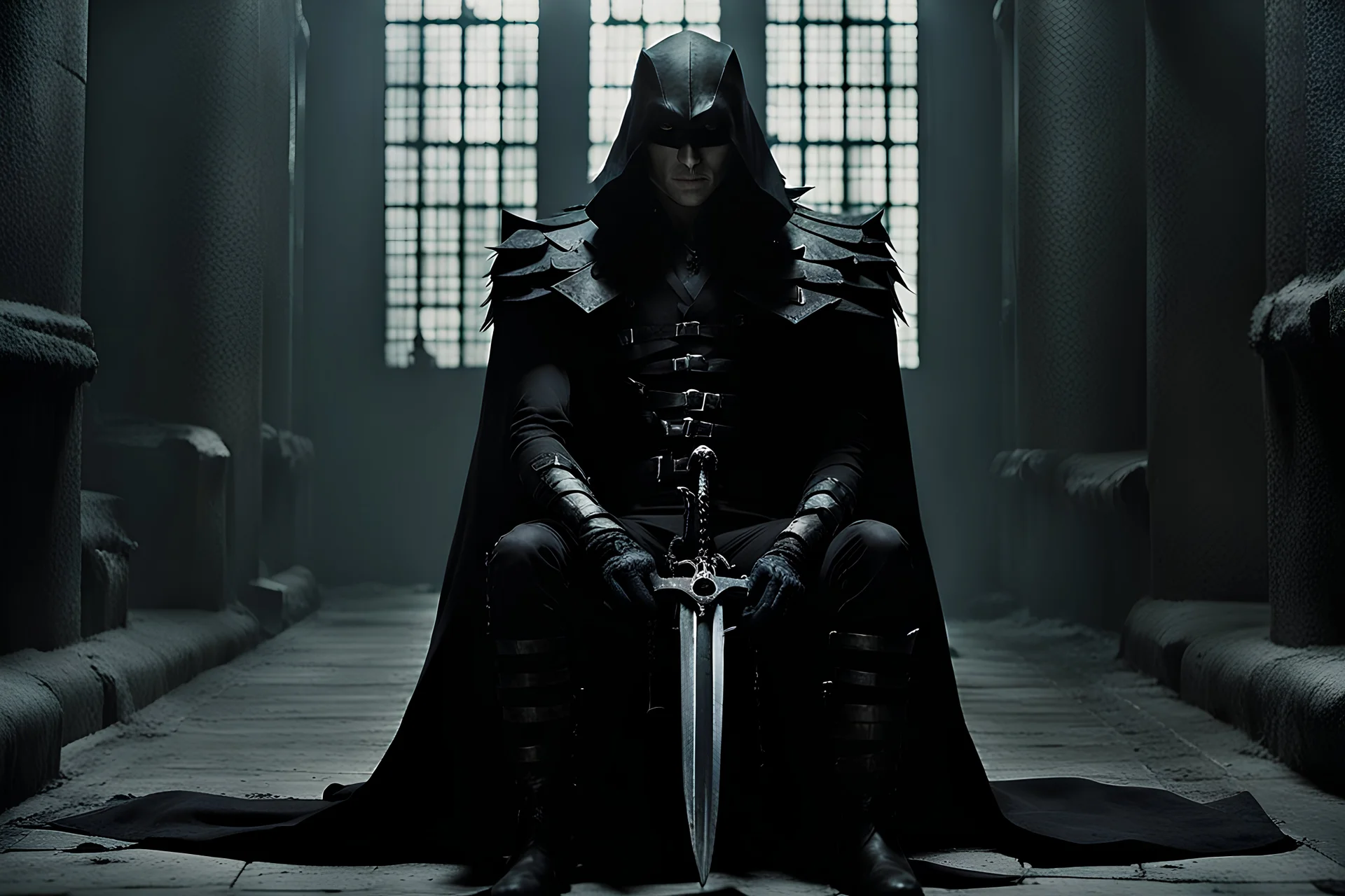 Action shot of Tom Hiddleston as Alucard from the live action "Hellsing" movie based on the anime of the same name. He is sitting, arms chained to a dungeon wall. He appears to be little more than a desiccated corpse wearing black wrappings that cover all except his head, feet, and hands. His straight, black hair hangs to the floor. A vague smile is on his gaunt face.