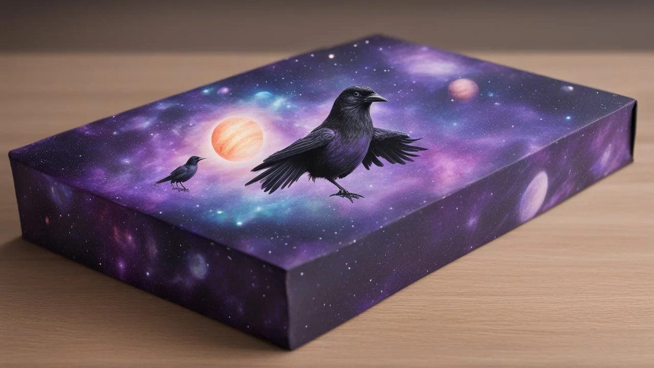 a box 10 cm long by 5 cm wide and 25 cm high, drawn on a box on all sides, space, tress, planets, crow galaxies a lot of colours purple, very realistic