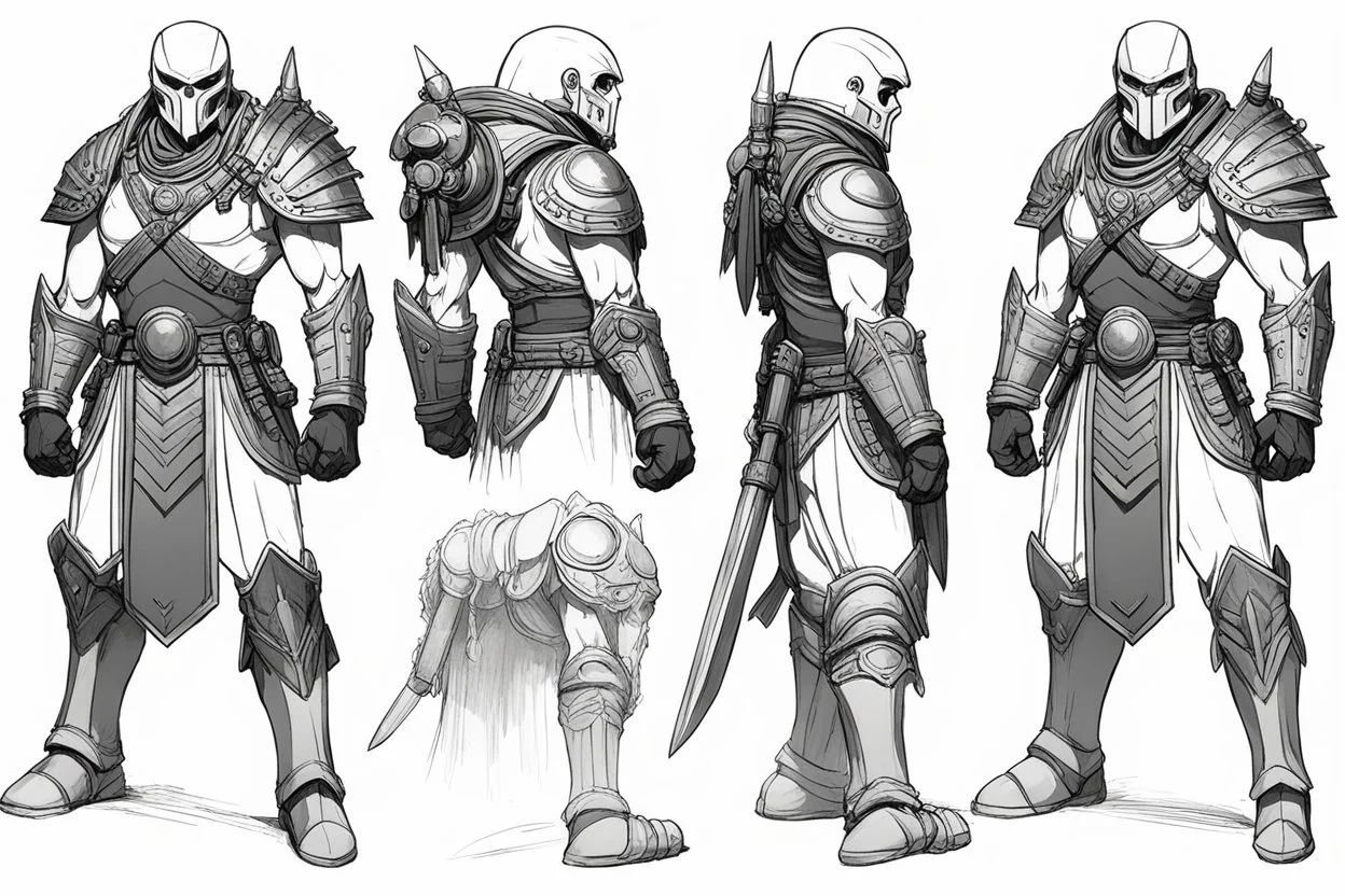 a Kazon aggressive warrior with his traditional equipment ## Layout & Perspectives Arrange strictly from left to right in the order of “front, side (either left or right), back” horizontally. The character's height, head-to-body ratio, shoulder width, and other skeletal proportions must be perfectly aligned horizontally across all three views, with strictly consistent sizing. ## Character Consistency Across all perspectives, the character's face shape, facial features, hairstyle structure