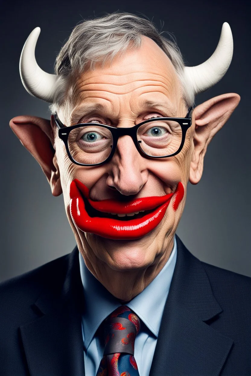 half grey haired half bald Bill Gates with a cow with big lipstick mouth