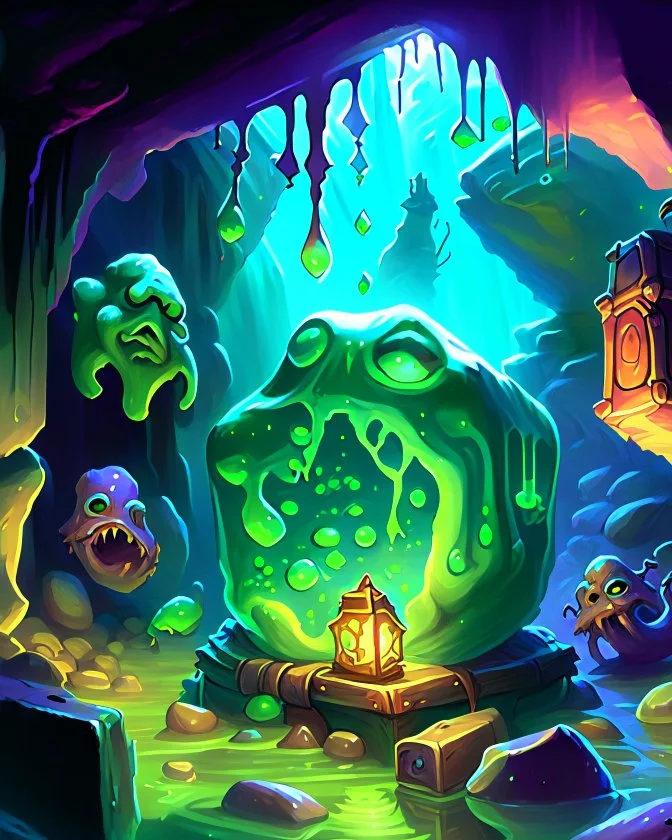 a slimy dripping gelatinous cube in vast dungeon cave room with treasure chests rpg art painterly