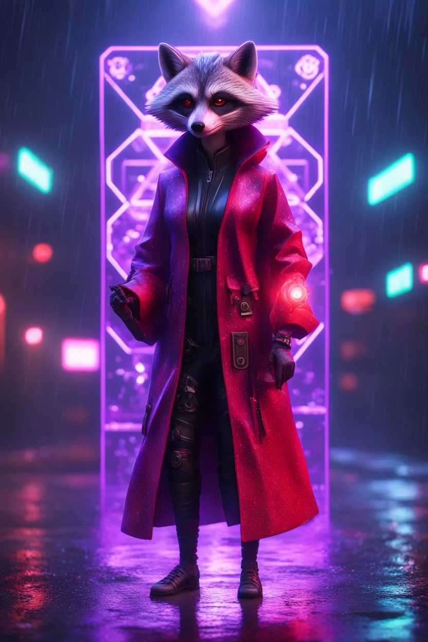 Volumetric fog fox racoon lights,paradise sacred geometry framed playing card, black, red, spore and purple neon cyber punk dancer priestess teurgist in soaked rain coat shadows boss card in the style of escher and fallout 4 ,,bokeh like f/0.8, tilt-shift lens 8k, high detail, smooth render, down-light, unreal engine