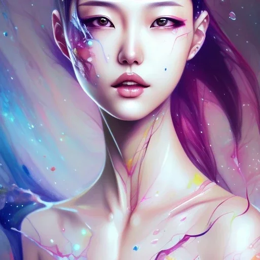 Asian woman, leaning pose, latex suit, realistic body, watercolor illustration by <agnes cecile>, full body, Gradient background, portrait, high lighting,