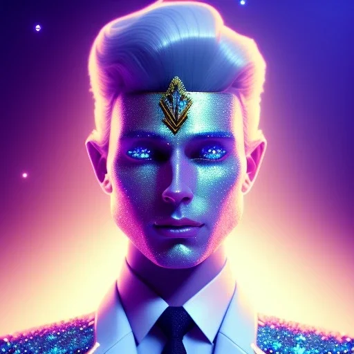 Handsome prince galactic man, glitter blue and white prince suit with jewels, long blond hair, blue eyes, cinematic lights, octane render, unreal engine 5, 4k, focus details