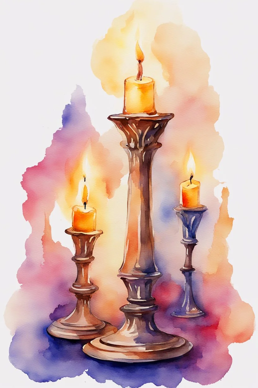 Watercolor candlestick with burning candles from the movie Beauty and the Beast on a light background