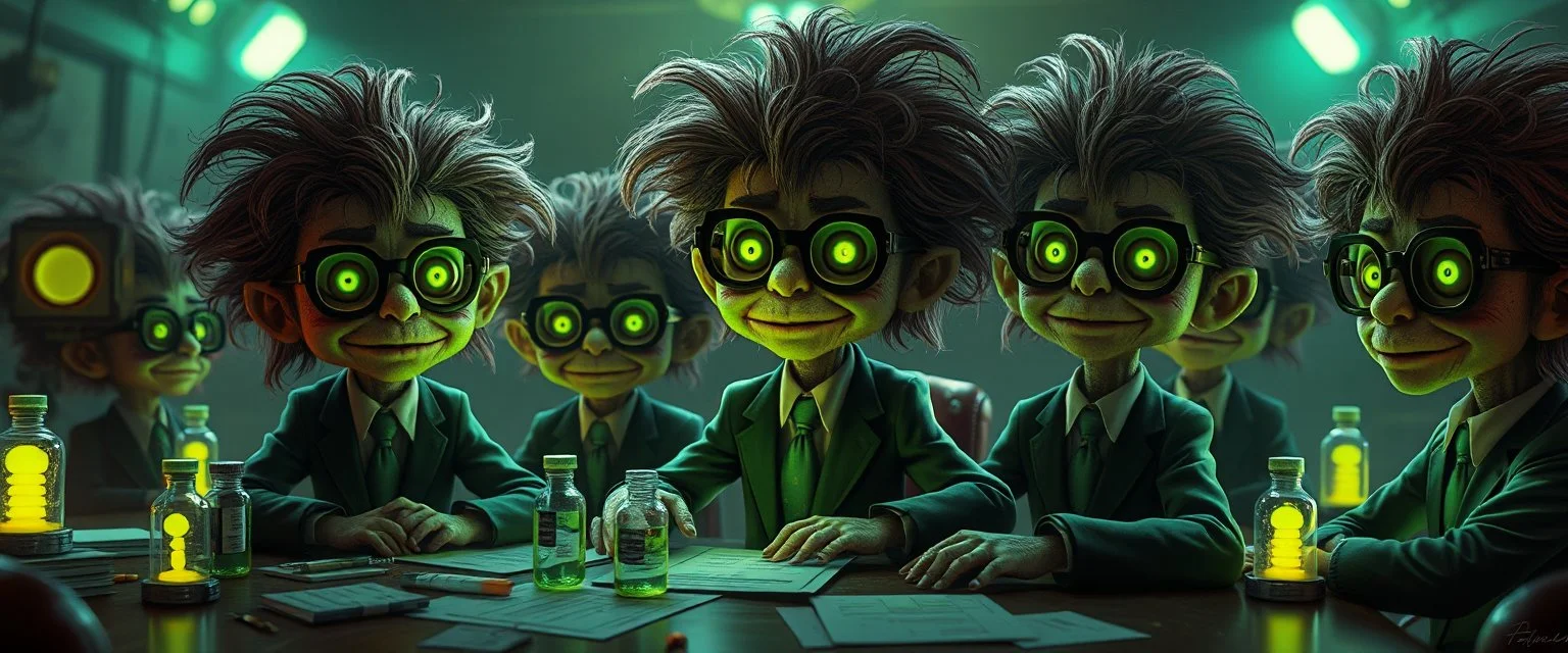 high class realism, the board in the style of fallout 4, A really close up portrait of one person individually mutated with hairy wigs glowing, messed up uranium creatures in a dimly lit boardroom, wearing tiny suits and glasses, with playful but slightly mischievous expressions. Their bodies emit a soft greenish glow. The room is filled with scattered papers, glowing vials, and miniature nuclear reactors. Style: whimsical digital illustration, cinematic lighting, colorful