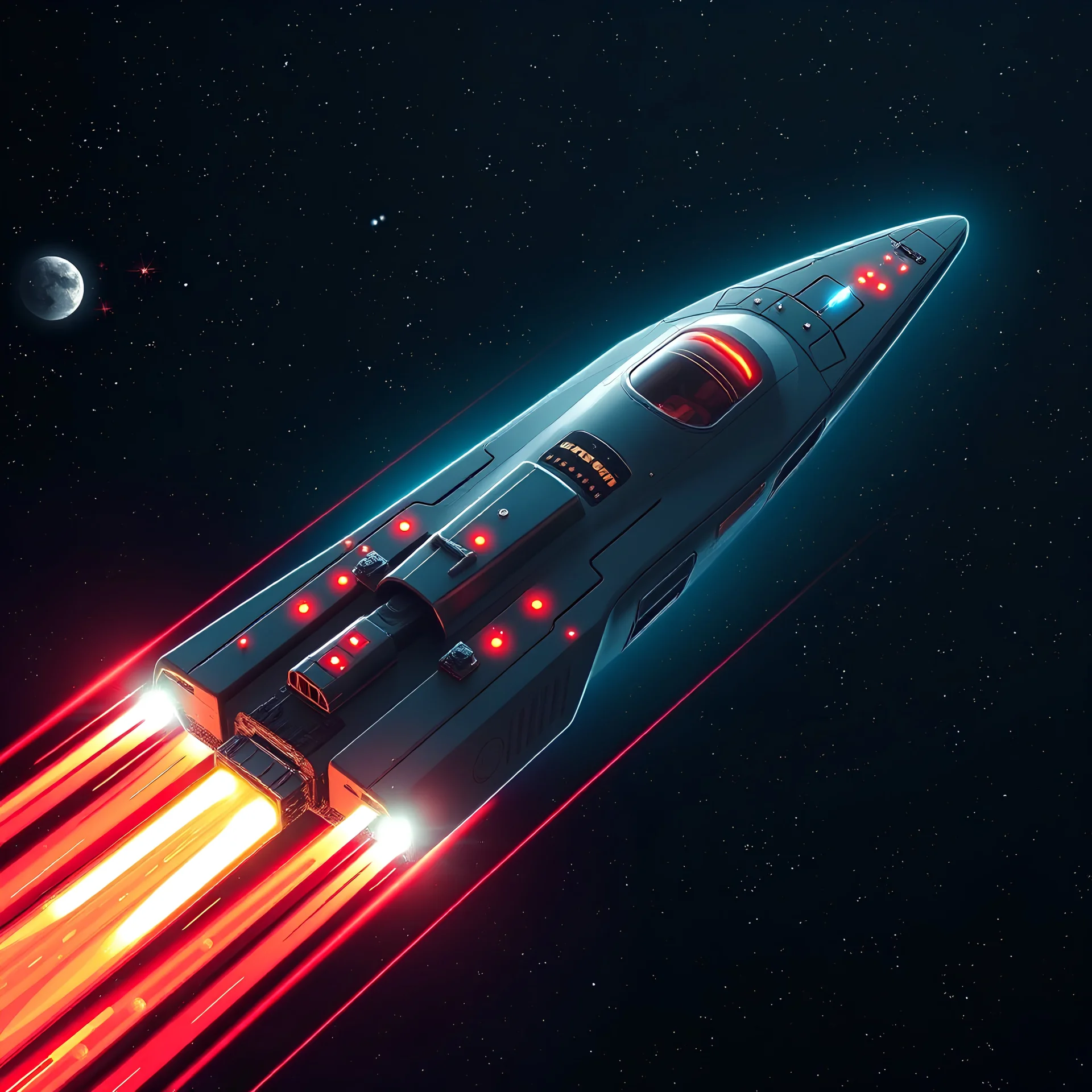 spaceship that looks like an electric guitar moving through space, space opera style