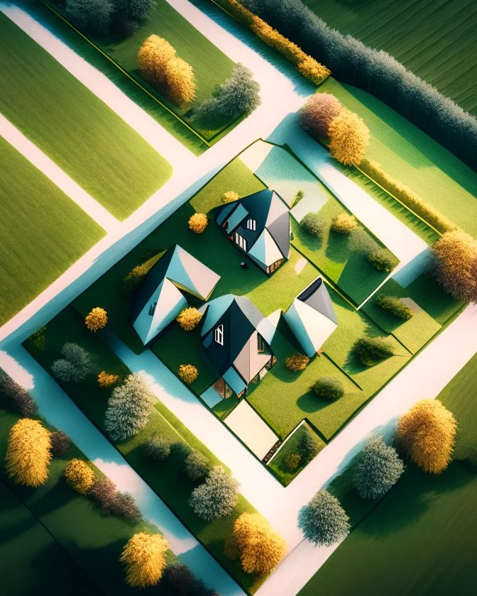 Modern country house geometric shapes aerial view minimalist style hyper-detailed 8k digital art