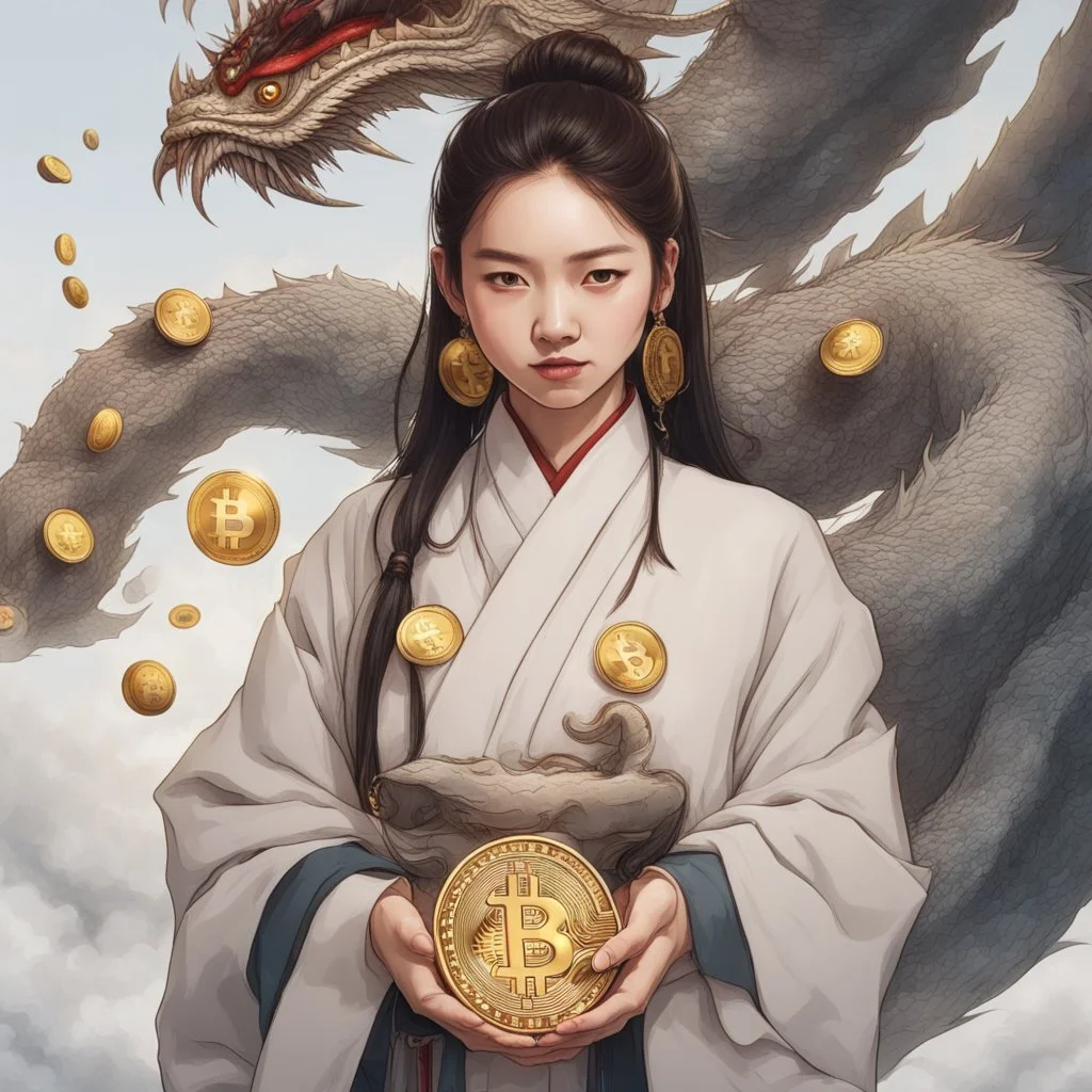 Bitcoin cryptocurrency in the hands of a traditional chinese girl, dragon