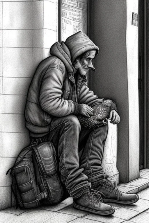 One single mature homeless eagle with worn out clothes, sitting in a corner on the street, guitar standing on the left side, Vienna, mourning, model style, hyper realistic, extremely accurate, delicate, extremely detailed, Graphic novel style, wide-angle, open aperture, superfine pencil