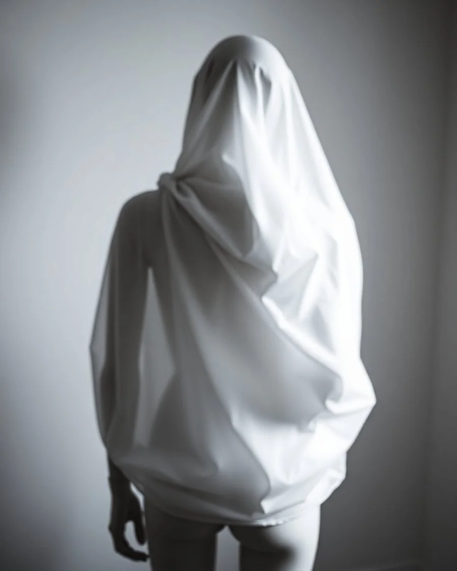 The blurred body of the mannequin is photographed from behind, its form obscured by an abstract white veil that adds to its enigmatic presence in the scene. The light casting on it creates a play between shadow and shape, adding depth to what could be seen as a minimalist portrait. This composition captures the mysterious essence of a figure shrouded within the soft fabric of fashion photography. --ar 3:4 --personalize 9t64lnl --stylize 500 --v 6.1