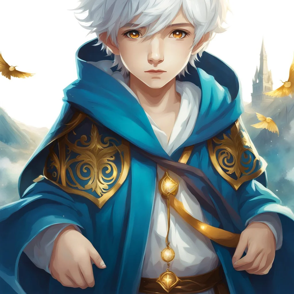 Fantasy World, A boy only wearing a closed wizards robe, and wearing a wizards hat. White Hair. Golden Eyes