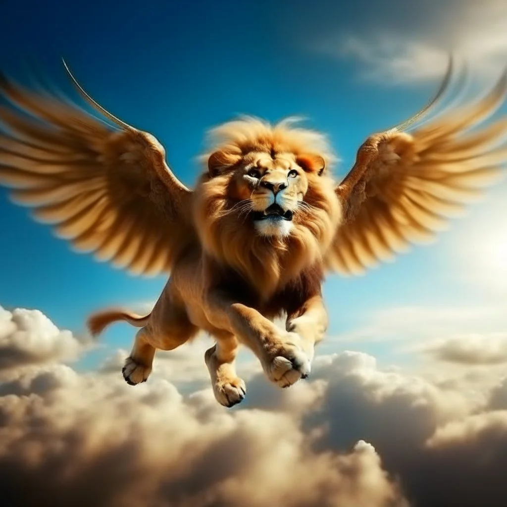 a big lion flying in the sky with wings