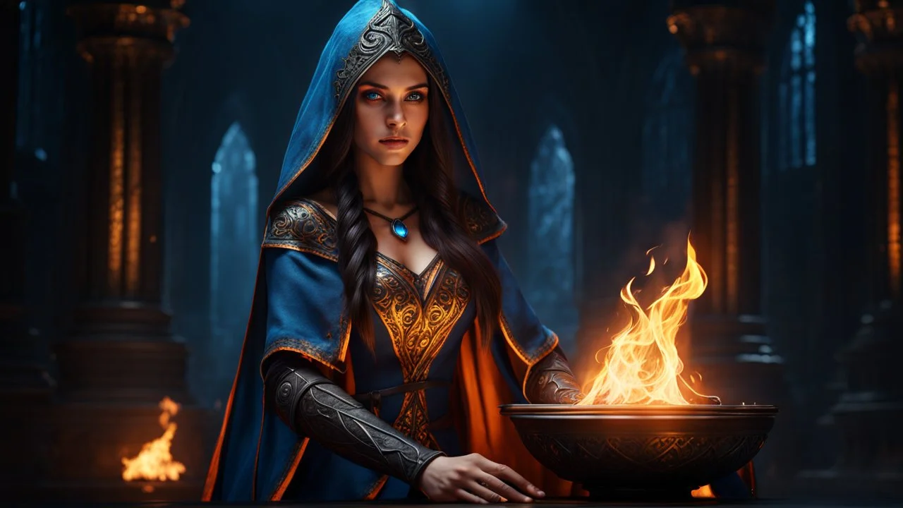 18 year old female sorcerer. perfect eyes. black smoke. blue and orange fire. exquisite realism, a masterpiece, fantasy concept art, dynamic lighting, hyperdetailed, intricately detailed, deep color, Unreal Engine, volumetric lighting , Epic cinematic brilliant stunning intricate meticulously detailed dramatic atmospheric maximal,