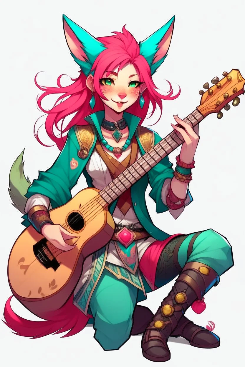 Teenaged Female kitsune paladin/bard with red, teal, and pink hair