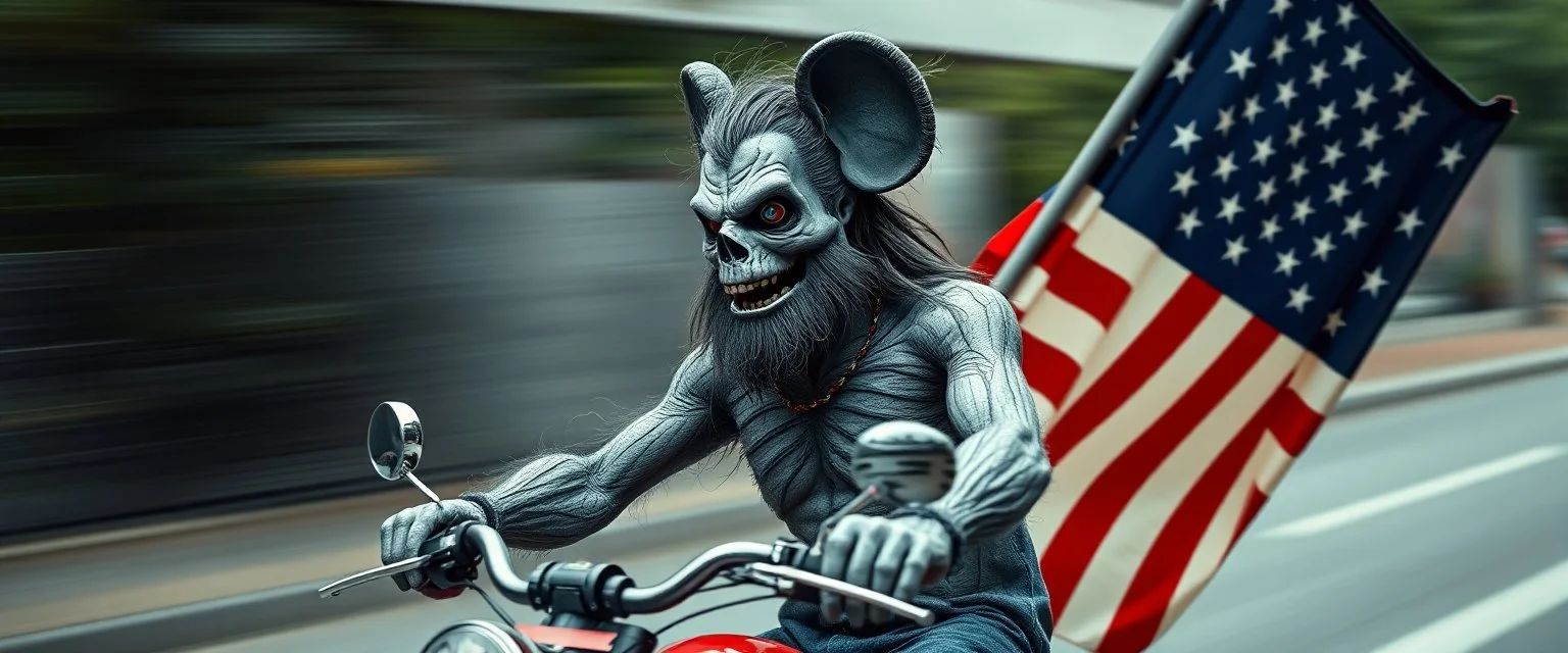 hi speed bad ass cyber punk masculine realistic zombie mickey mouse humanoid with hairy arms and chest, on trike , motion blurred background, holding american flag