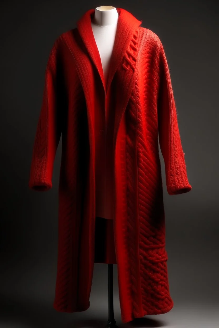 Man's large and long red knitted coat opened on front