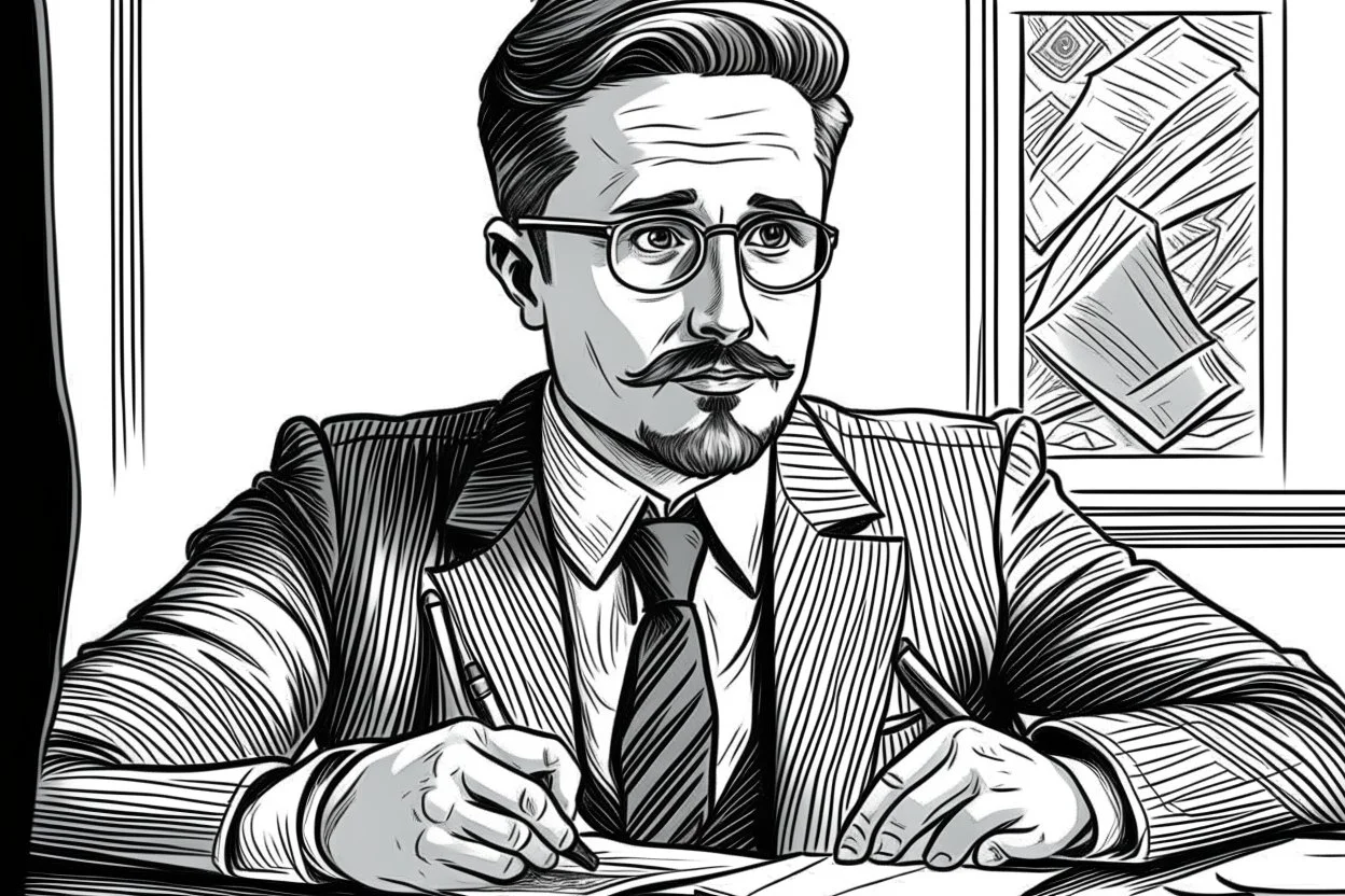 russian man sitting at desk, portrait, speech, nametag, glasses, goatee, short hair, mustache, suit; comic style, caricature, sketch art; black and white; grayscale, pencil drawing