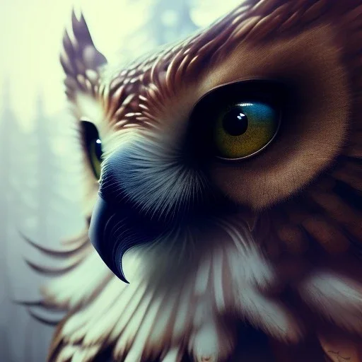 intricate details, realistic, octane, unreal engine, portrait, natural lighting,zoomed out + portrait, volumetric lighting, shiny,extreme detail, Photorealism, High detail, Hyper realistic Owl in forest, macro lens blur,abstract paint, sharp,ef 85mm 5.6, focus, trending by artstation, cinematic