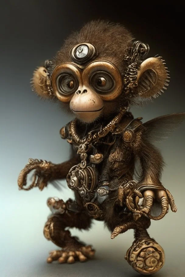 small cute steampunk mechanical monkey, made of metal with mechanical wings, cute hands and feet