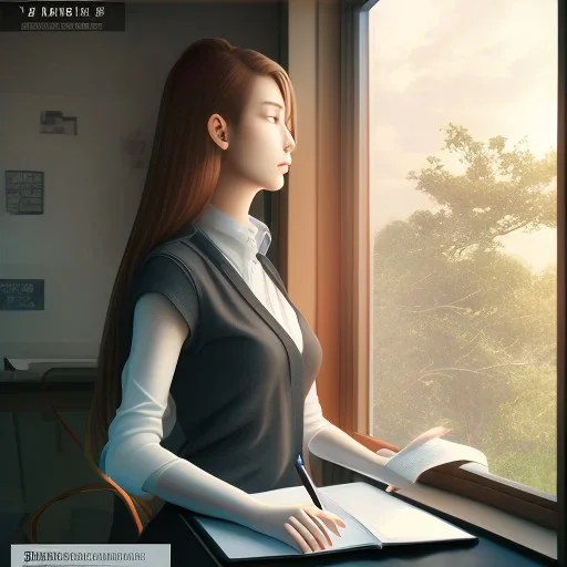 Anime, female student studying under window, studying lesson, perfect face, cool face, ultra detail, unreal engine 5, cinema4d, sun light, studio lighting --ar 1:1 --v 4
