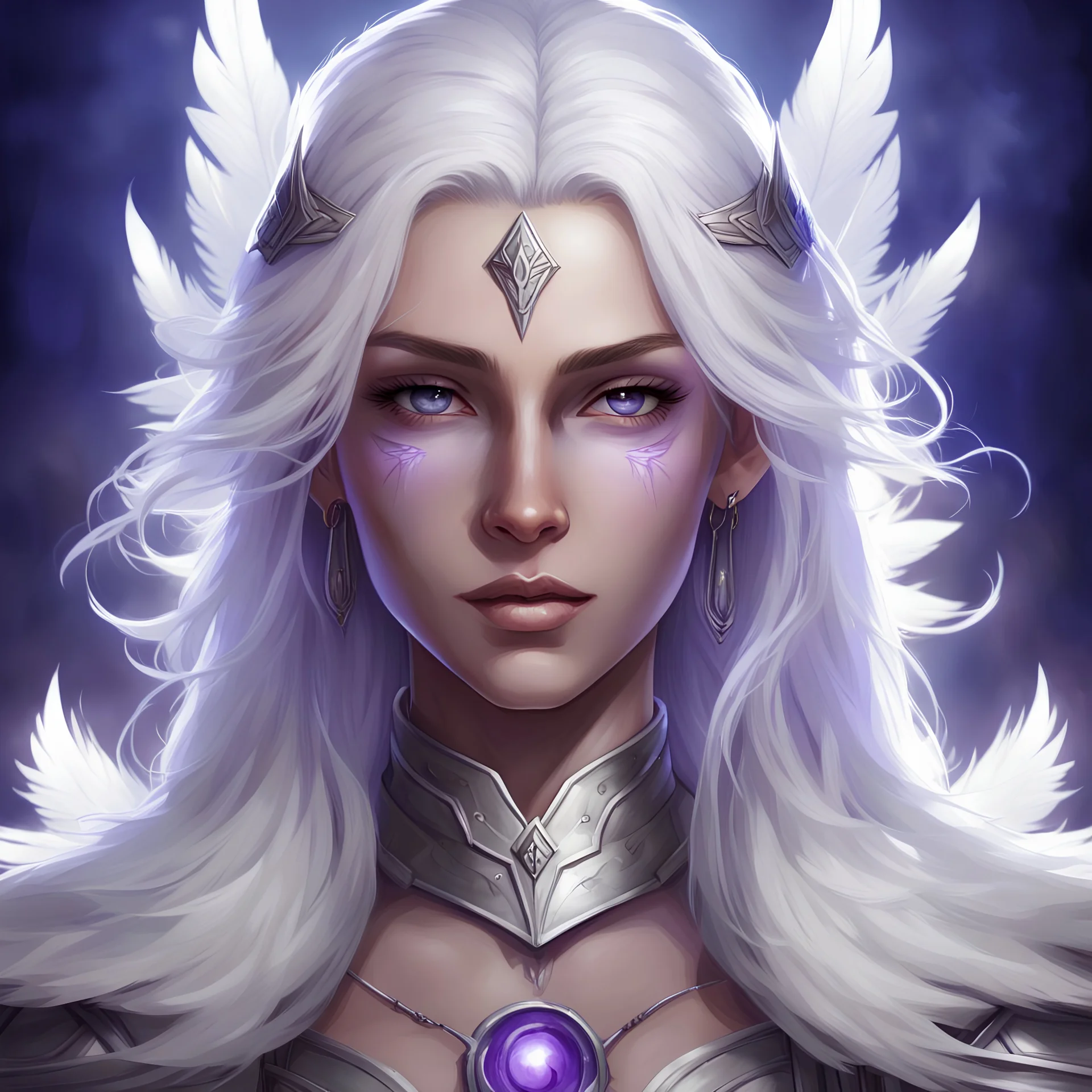 Generate a dungeons and dragons character portrait of a beautiful female paladin aasimar blessed by the goddess Selune. She has long white hair. She has purple eyes. She has some white feathers in the lower part of her long hair. She has a youthful and rounder face. She is in a camp that's lit by moonlight.
