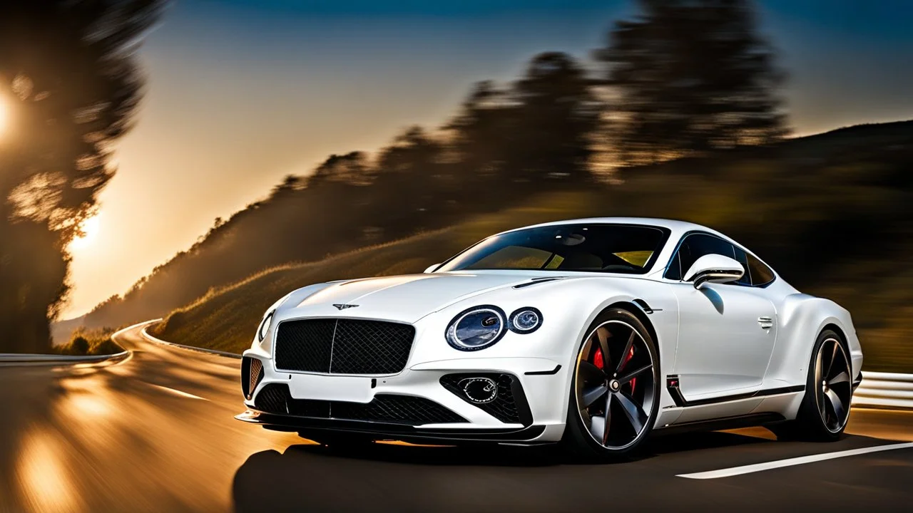 A sleek white shiny (((bentley 911))), (((cinematic view))), zipping along a winding road under a beautiful blue black night sky