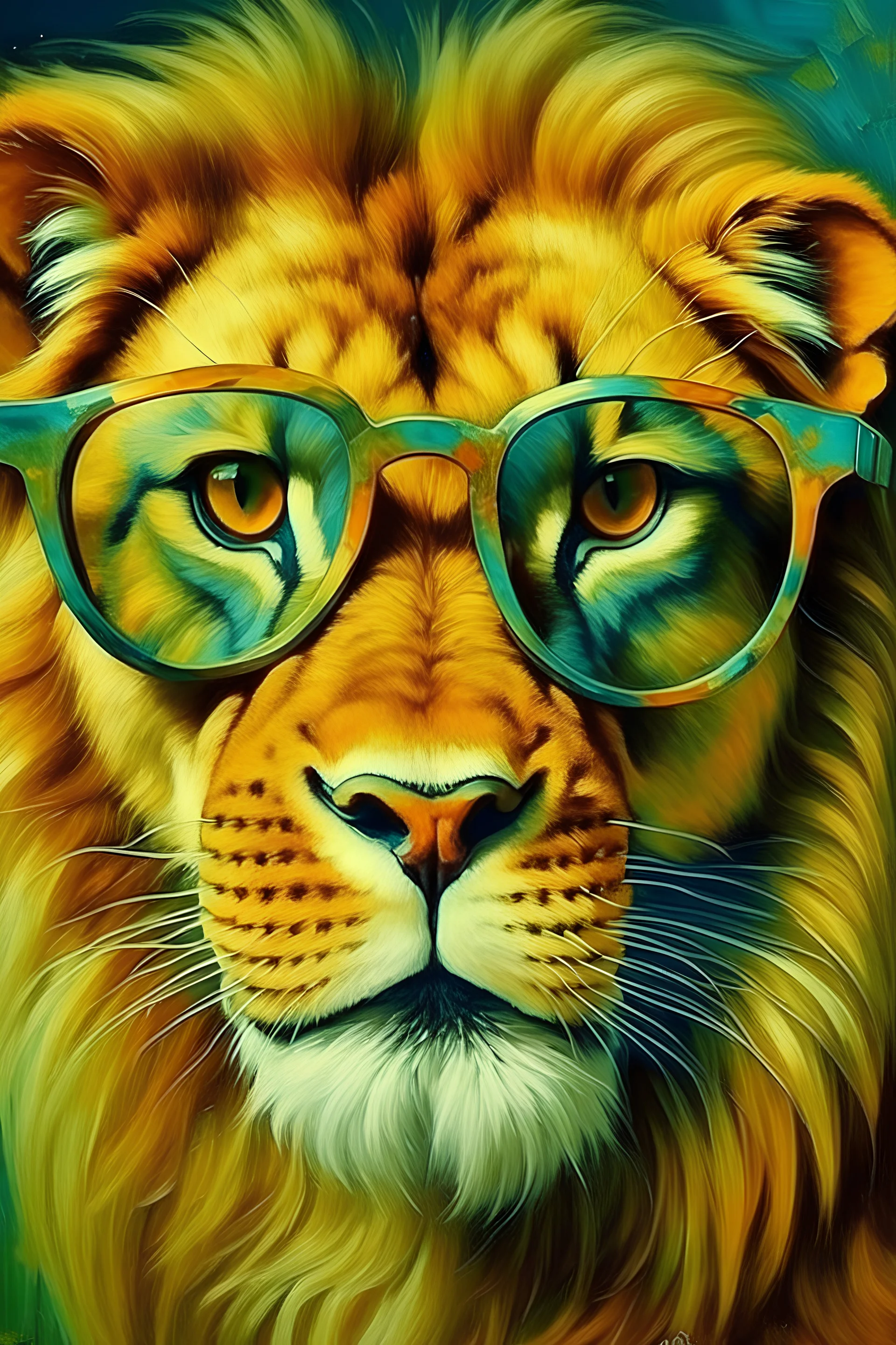 portrait a lion which looks nice and kind with a sunglasses by Van Gogh